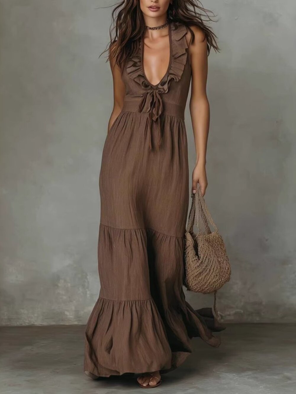 Women's Dark Brown Cotton-Linen V-Neck Maxi Dress